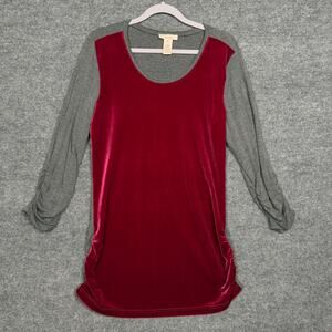 Sundance Size Medium Dulcet Tones Velour‎ Top Red Gray Colorblock Ruched Sleeves